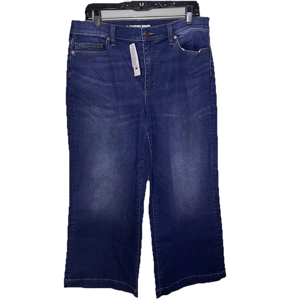 Lands'End Women's Dark Blue Jeans Size 12P 33x 28 Wide Leg High Rise Denim Jeans